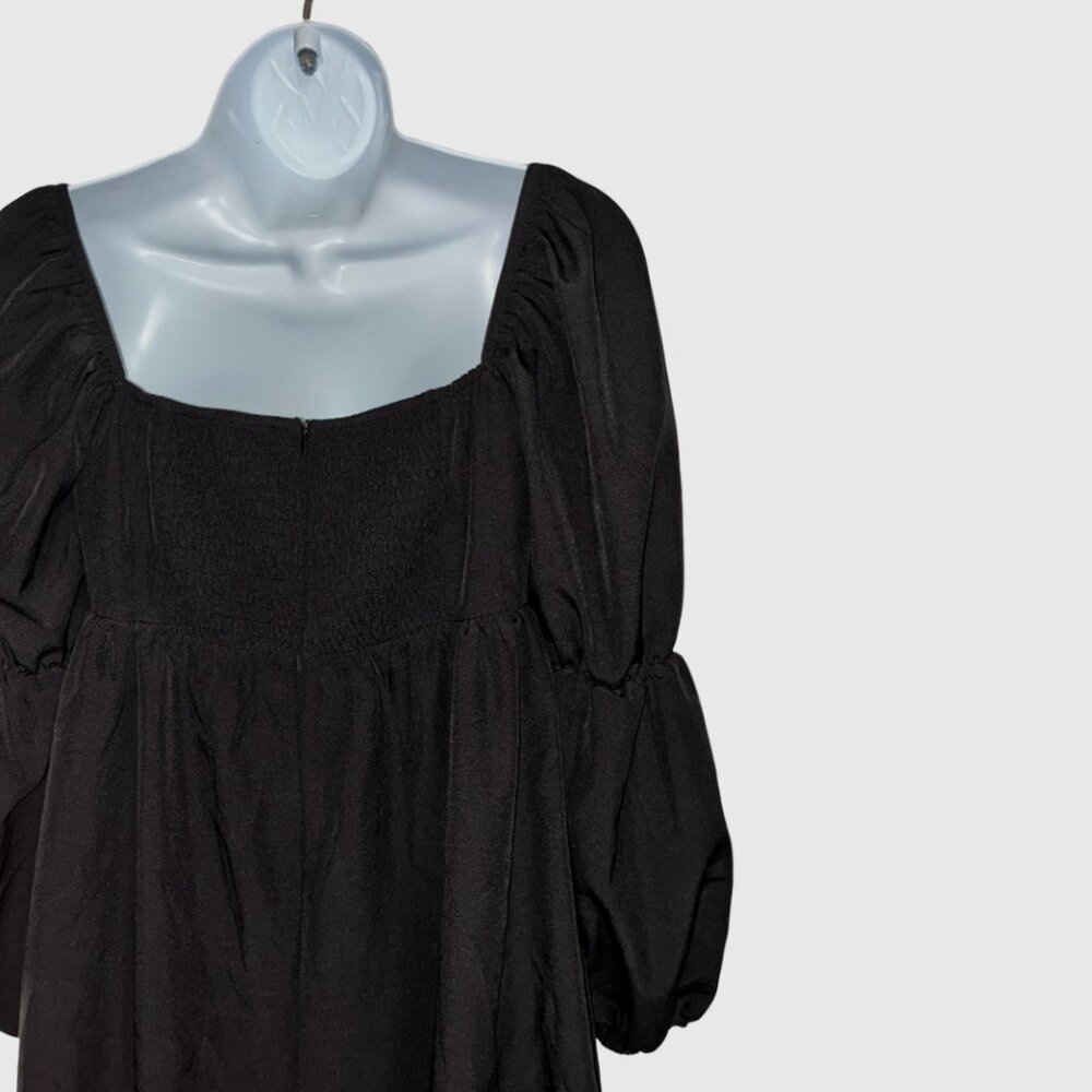 Sz.S*Exlura*Black 3/4 Sleeve Square Neckline Smocked Mini Dress - Picture 6 of 7